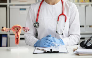 Médico ginecologo en consulta con maqueta de útero para explicar la biopsia endometrial